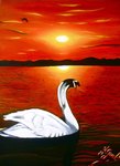Original 50x60 cm 380 � frais de port inclus. Cygne voguant vers la lumi&egrave;re d'un coucher de soleil.