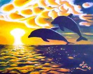 Original non disponible. Dauphins dansant dans la lumi&egrave;re et la douceur d'un ciel de coton