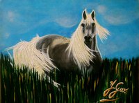 Original 129 � dimensions 22x27 cm frais de port inclus,  reproduction A3 encadr&eacute;e 29 � et 25x20 7�50 La sagesse de la jument "aux cheveux blancs" dans les herbes hautes ! les animaux m'impressionnent / Toile 23cm X 27