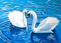 0riginal  50X60 420 � frais de port inclus. Cygnes baignant dans la lumi&egrave;re la mer et la paix: toile 50X60